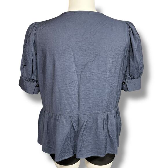Madewell Womens Peplum Top V Neck Button Down Puffed Short Sleeves Navy Blue XXL - Picture 3 of 8